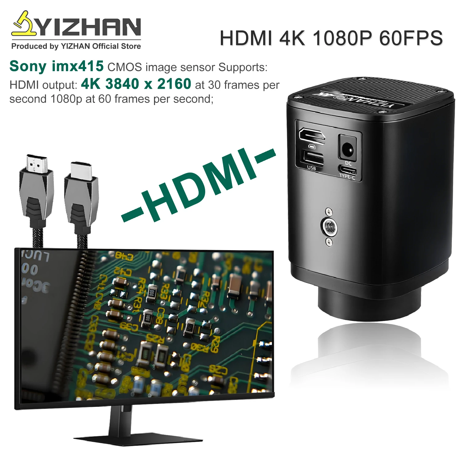 3IN1 무제한 시각 범위 전자 디지털 현미경 카메라 4K HDMI USB Imx415 160x 렌즈 + 조명 3840×2160 원격 제어