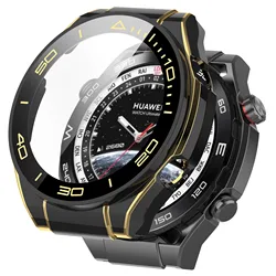 Premium PC + Tempered Glass Film Case for Smartwatch - Anti - Scratch Bumper Protective Full Cover (Black gold)
