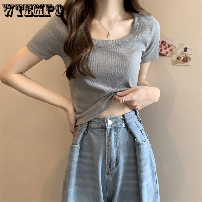 

WTEMPO Short Sleeve Women T-shirt Sexy Girl Slim Fit Solid Color Shirt Street Wear Ladies Fashion Casual Versatile Y2K Top