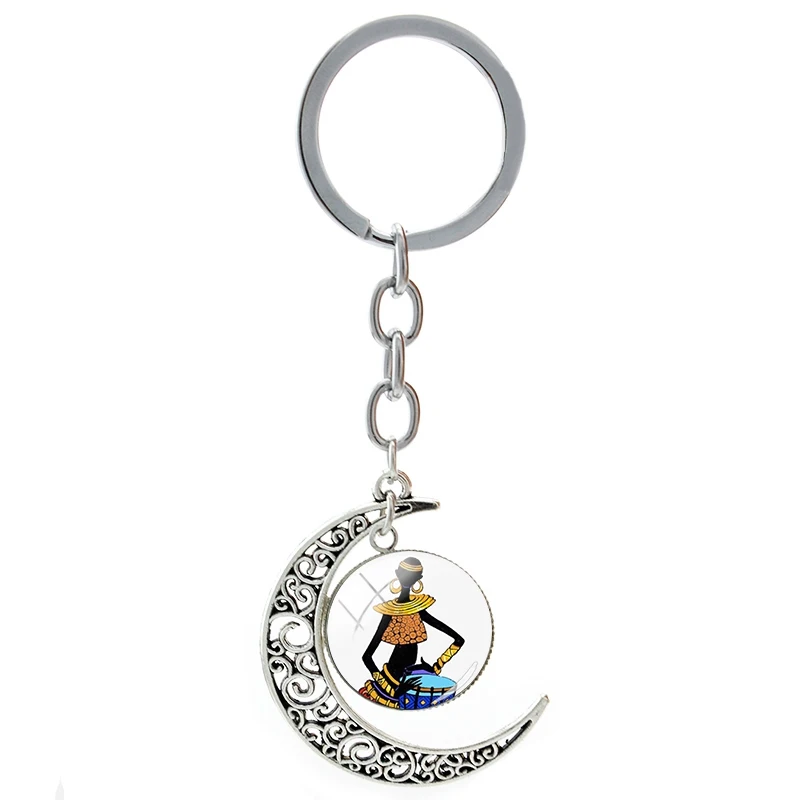 

African Femme Dancer Metal Moon Keychains Paper-Cut Art Image Key Round Glass Dome Pendant Jewelry Dropshipping