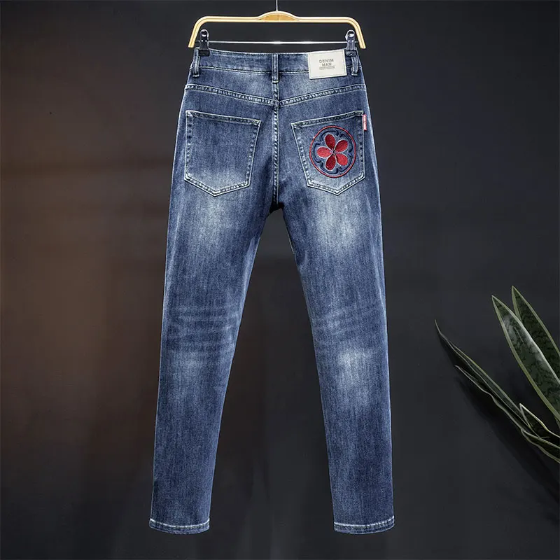 2024 High-End Chinese Style Koi Embroidered Jeans Men's Street Design Sense Embroidered Slim Fit Pu Shuai Casual Feet Trousers