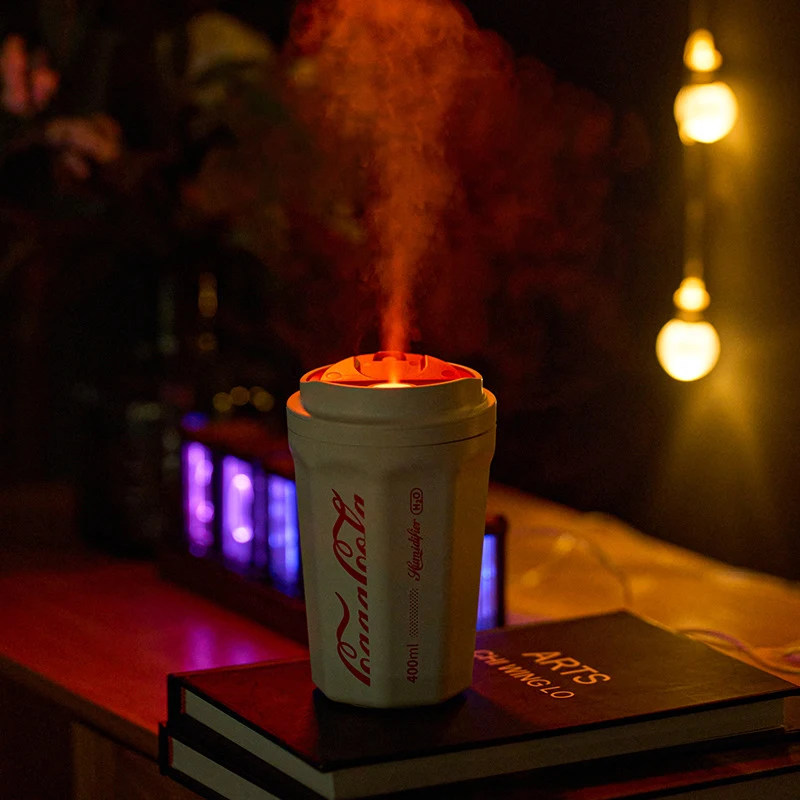 2022 Newest Coke Cup Humidifier Rechargeable 400ml Wireless Portable Flame Air Humidifier with Battery Home Car Aroma Diffuser