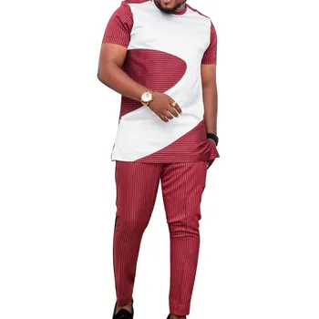 Completo estivo da uomo a righe rosse a maniche corte Set top Patchwork con pantalone maschile nigeriano Fashion Design abiti da festa per lo sposo africano 1