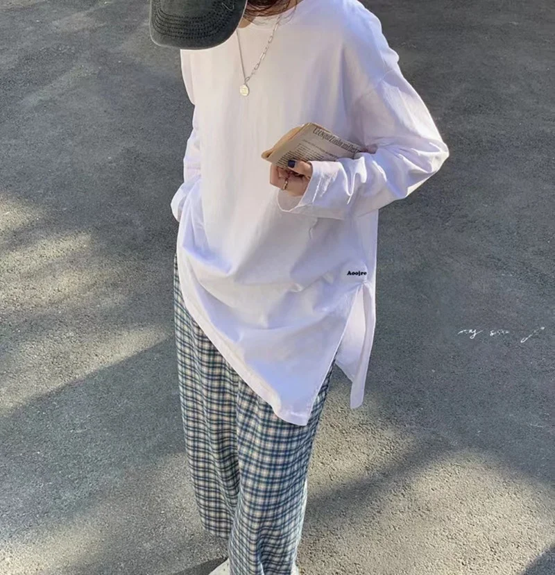 plus Size Women's White Loose Long Sve T-irt Boting irt Design Sensation Early Autumn Side Slit Korean Sle round ...