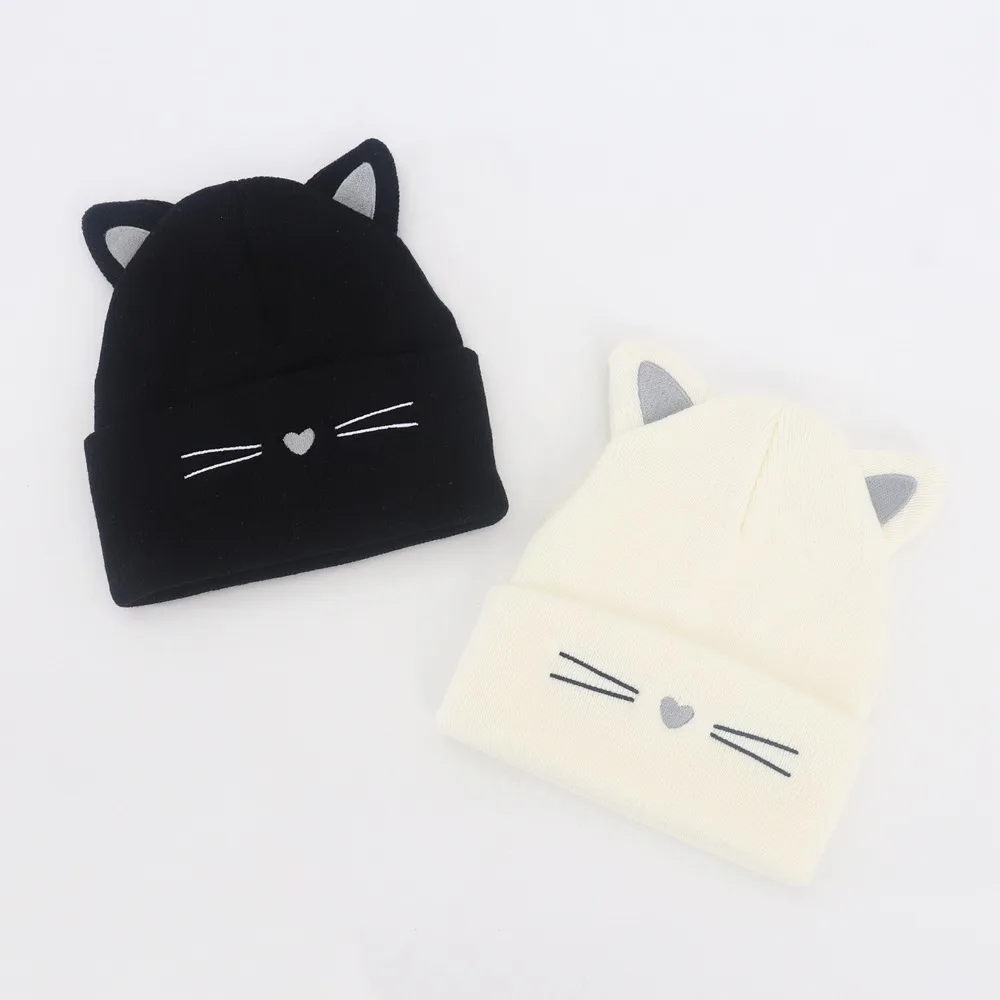 Baby Cartoon Embroidery Cat Ears Kids Knitted Hat Warm Cute Beanie for 1-6years Old Boys Girls Kids Cotton Caps Accessories