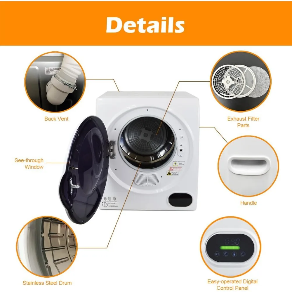 1.51 cu. ft 110V Compact Dryer, Portable Laundry Dryer with Stainless Steel Drum, LED Digital Control Panel 4 Modes 5
