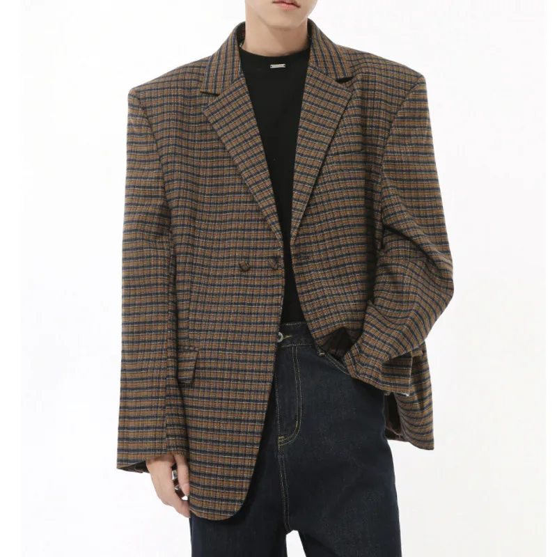 LEVIORTIN British Style Men's Blazers Vintage Double Breasted Plaid Design Casual New Autumn Loose Male Suit Jackets Trendy