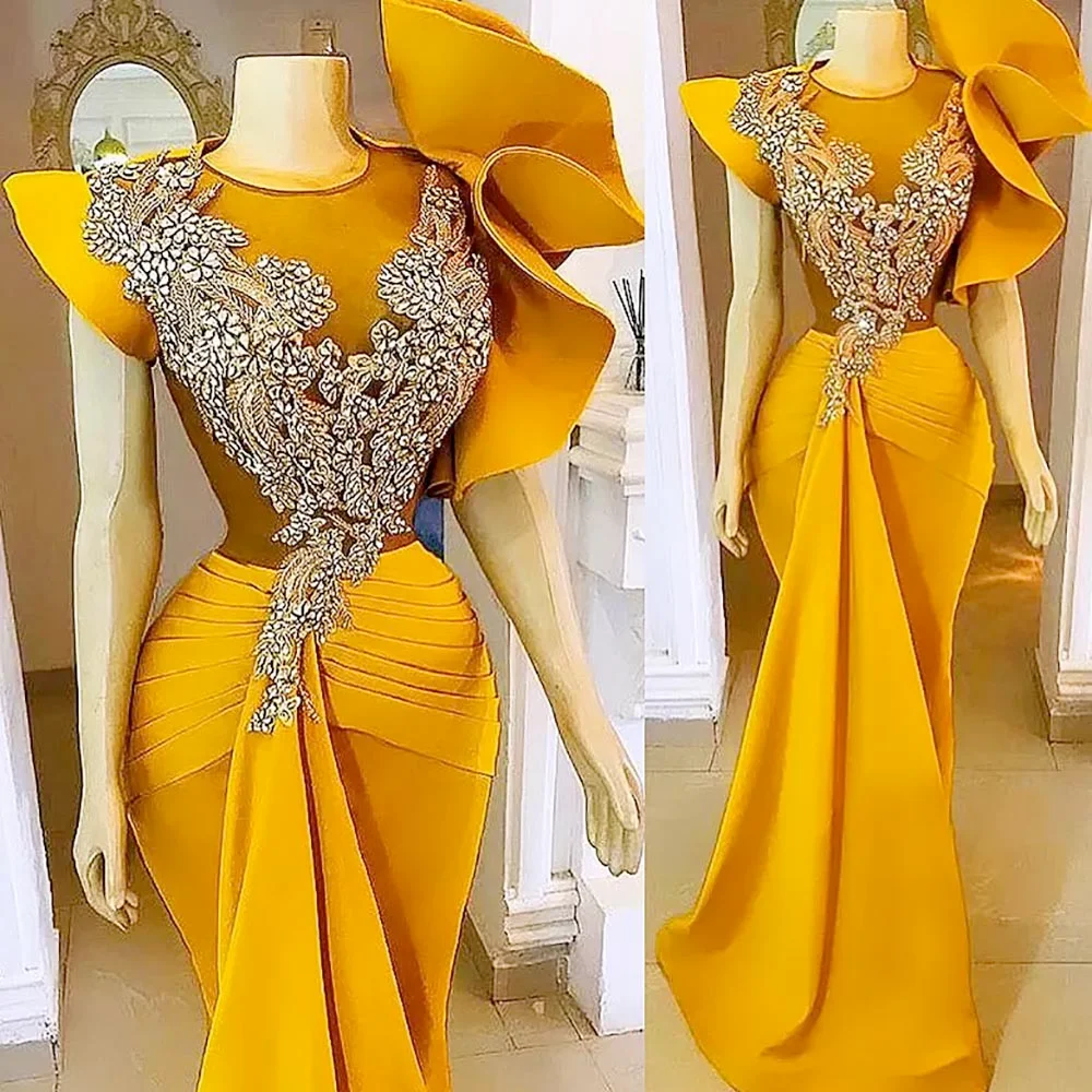 

Yellow Long Mermaid Prom Dress Appliques Ruffle Arabian Luxury Satin Beaded Sheer Neck African Evening Dress Vestidos De Fiesta