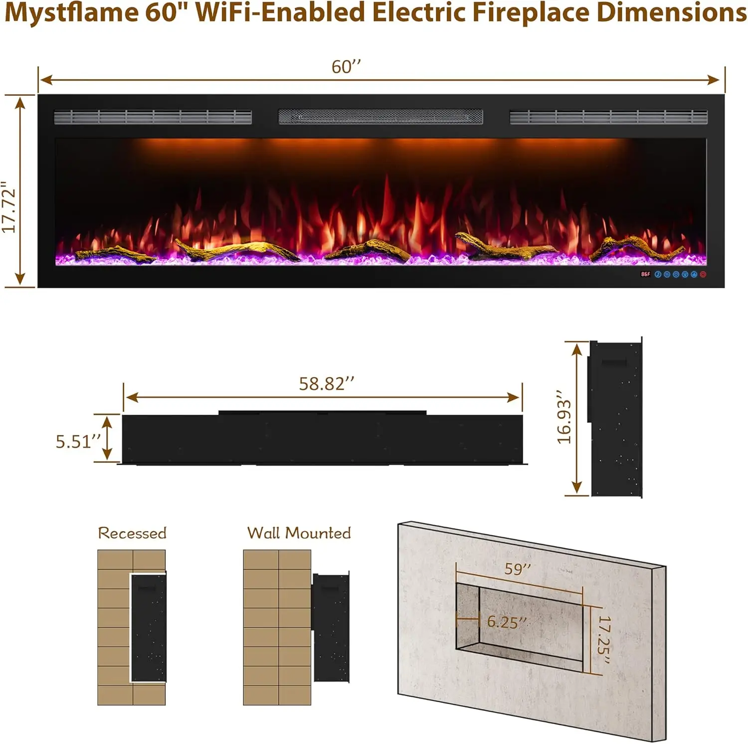 Wifi Enabled Electric Fireplace Embedded Wall Mounted 60 "electric Fireplace Heater Adjustable Flame Color Remote Touch Screen 5
