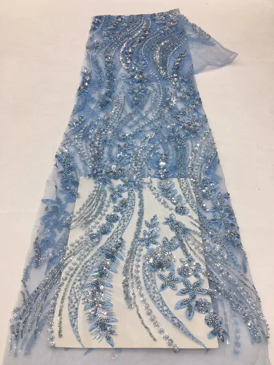 

African Heavy Beads and Sequence Lace Fabrics French Bridal Lace Fabric Luxury Quality Embroidery Tulle Lace Fabric VXX5460