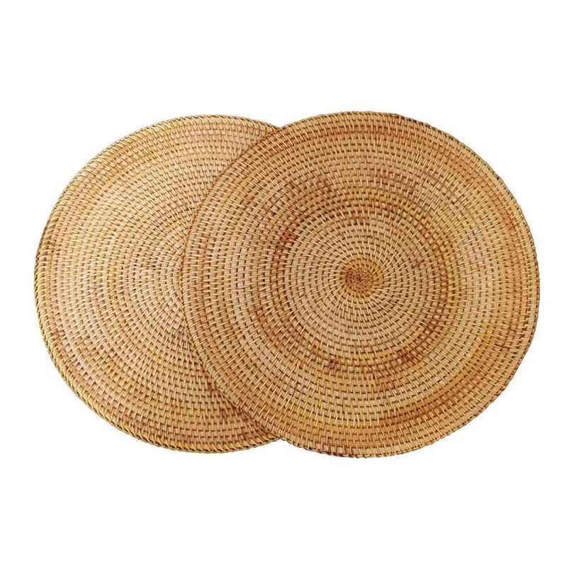 2 Pcs Handmade Round Natural Rattan Placemat Farmhouse Round Wicker Placemats For Dining Table,Wedding,Parties,BBQ's,Etc