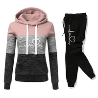 Women Tracksuit Printing Hooded Sweatshirt Sweatpant Color Block Versatile Casual Jogging Pullovers Sport Trousers Outfits S-3XL 1