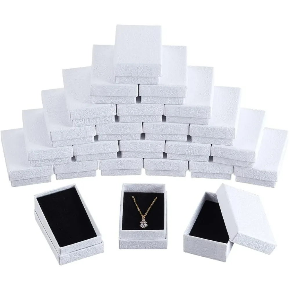 24Pcs White Texture Cardboard Jewelry Boxes 3.2x2" Paper Gift Box Cardboard Packaging Box with Black Sponge Inside for Necklaces jewelry box