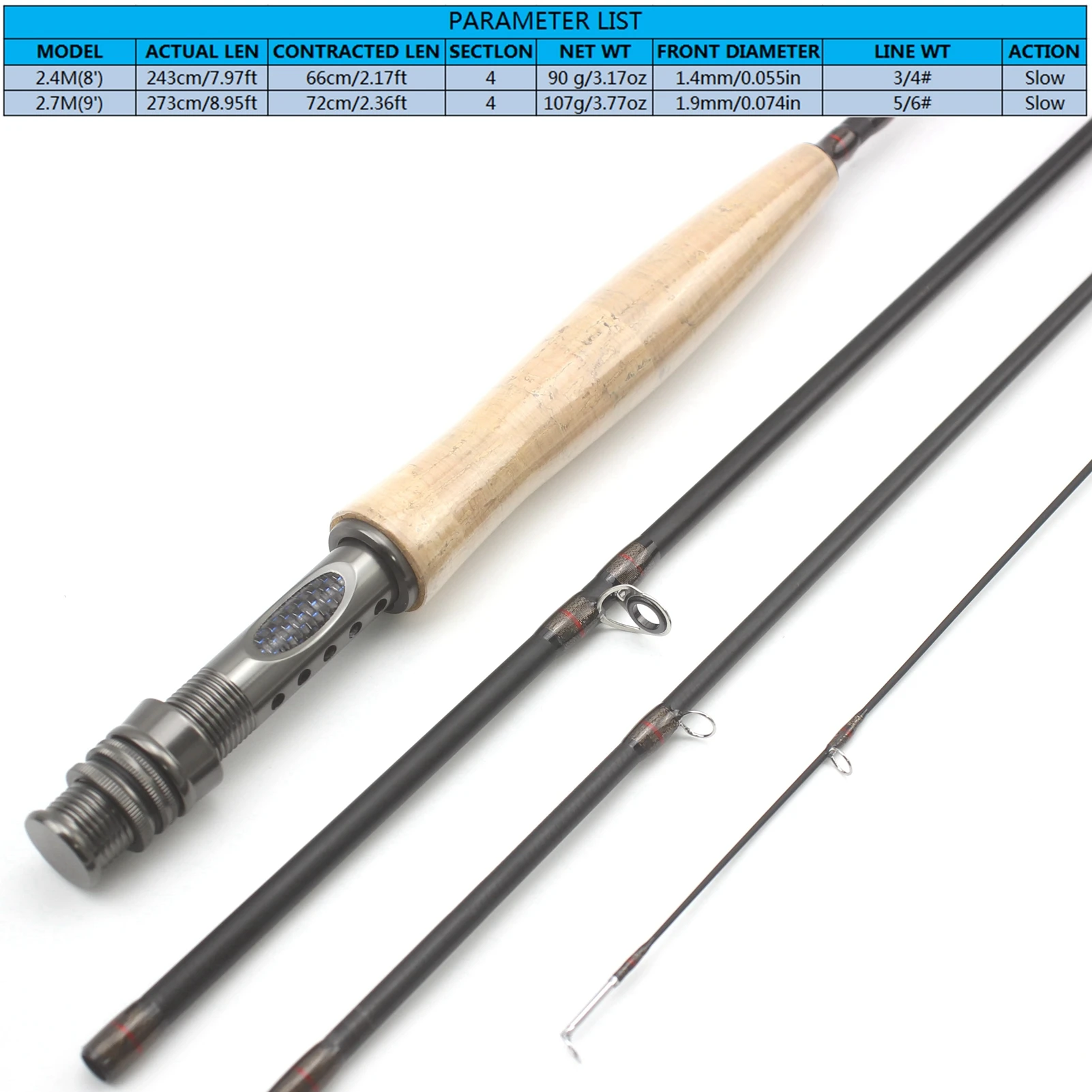 8FT 9FT Fly Fishing Rod Carbon Fiber Cork Handle 4 Section Lightweight  Pikes Fish trout Pole Lake River Stream Fly Rod