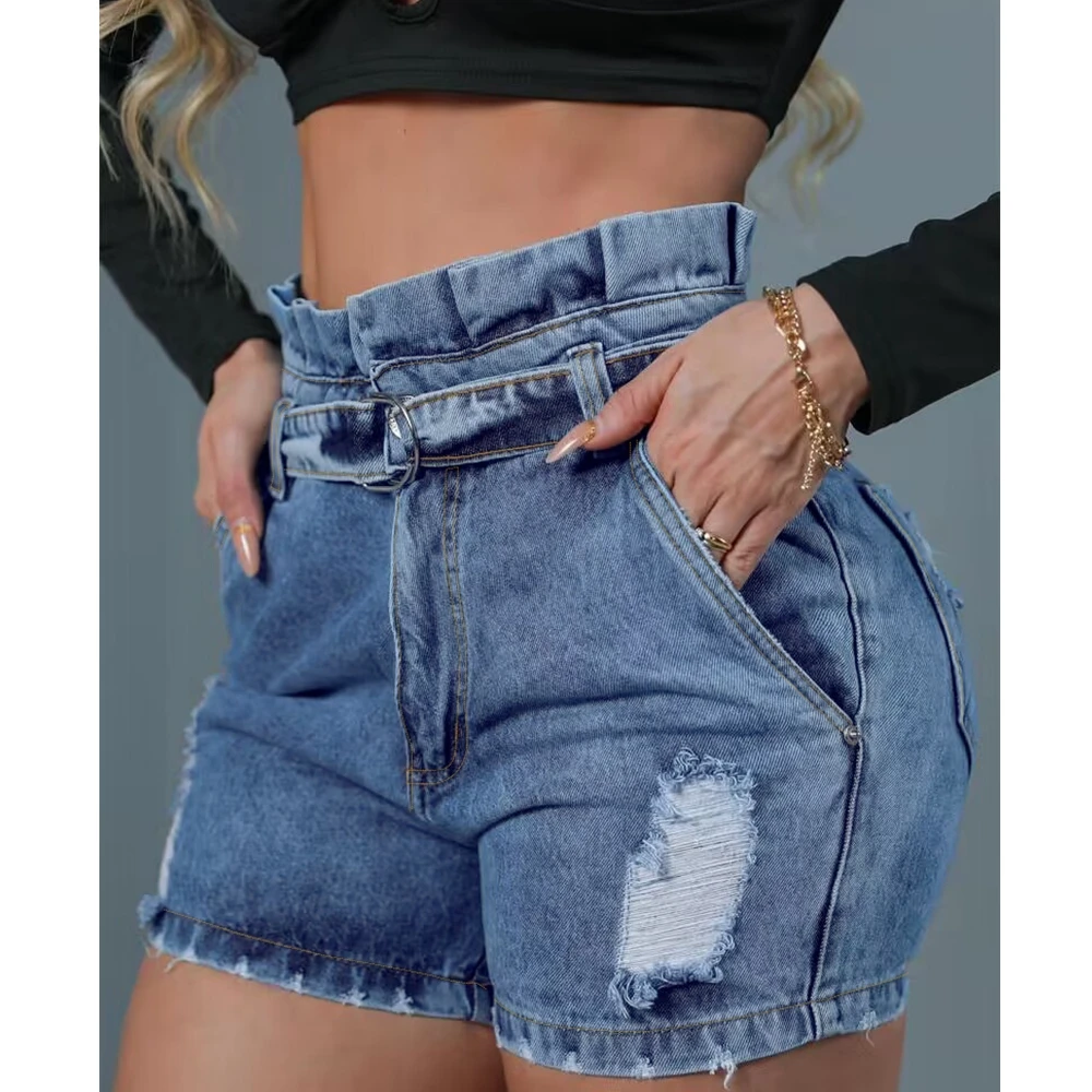 

Wepbel Ruffled Short Jeans Stitching Lace-up Ripped Tight Denim Shorts summer Paper Bag Waist Ripped Belted Denim Shorts