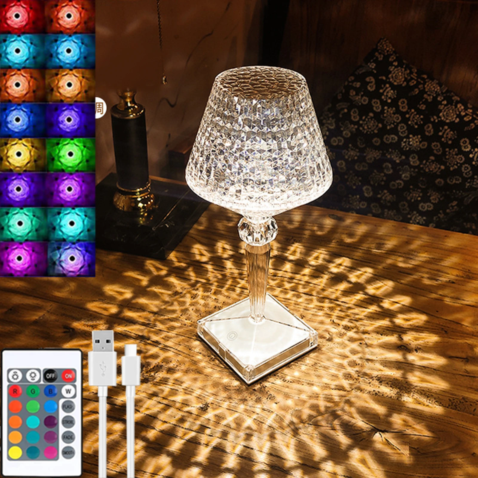 

LED Retro Crystal Table Lamp USB Cordless Desk Lamp Touch Dimming Night Light Eye-Protection Reading Light for Hotel/Cofe Decor