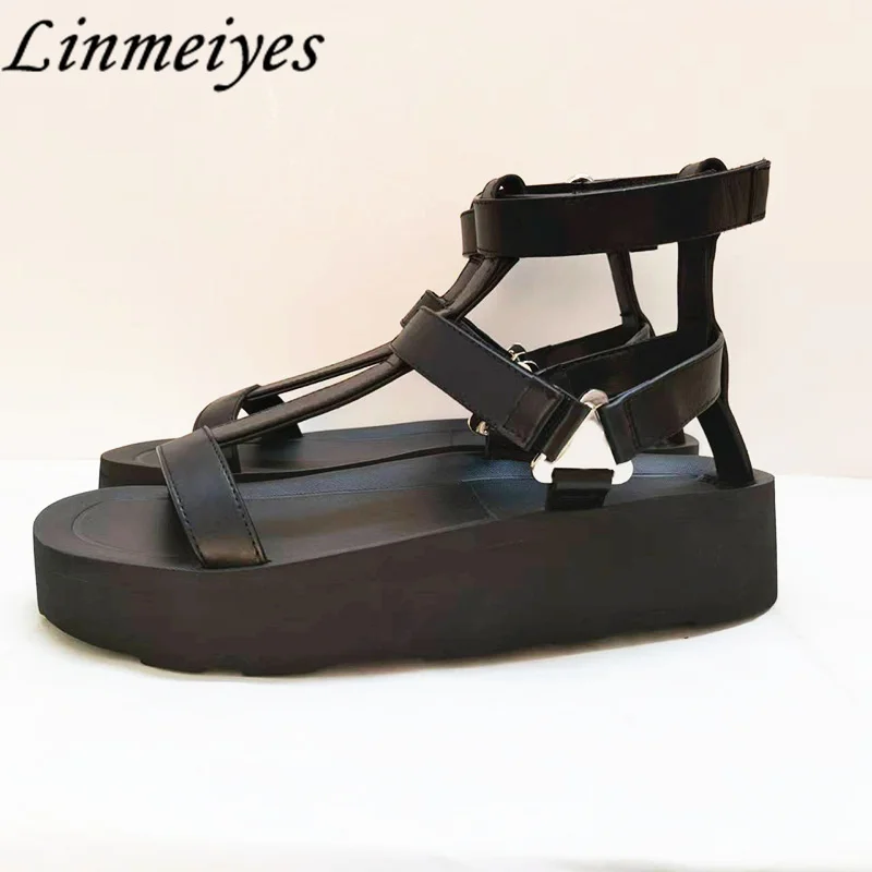 

2023 Summer Thick Bottom Sandals Women Flat Platform Height Increasing Sandalias Woman Genuine Leather Roman Sandals Female