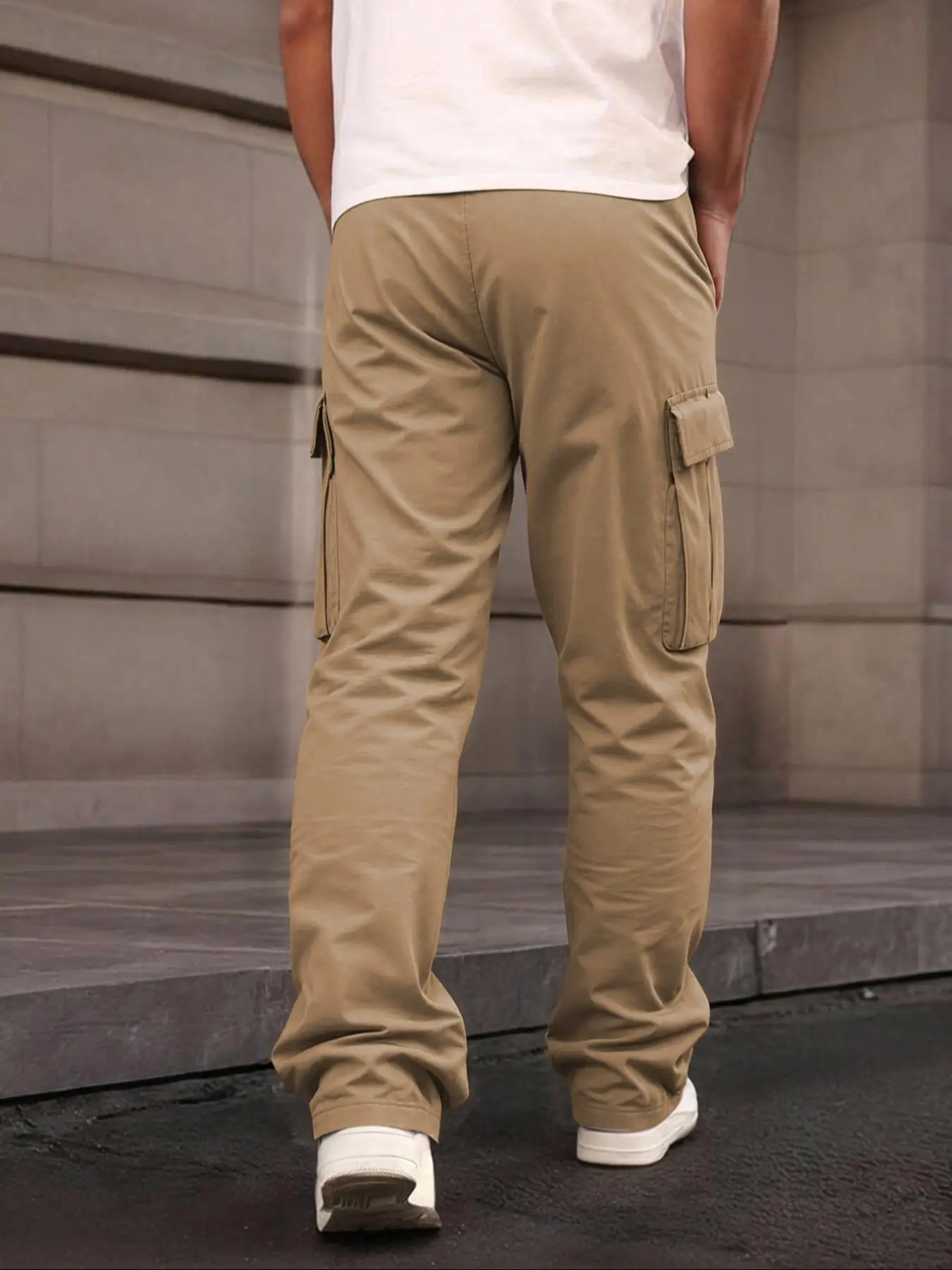 Einfarbige Cargohose für Herren mit Pattentasche, Kordelzug am Bund, reguläre Passform, lässige Hose mit geradem Bein für den Alltag – Detail 18