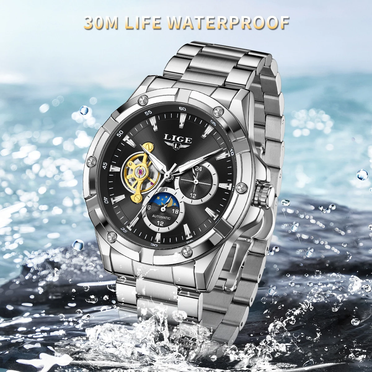 LIGE Men's Mechanical Wristwatches Top Brand Luxury Military Sport Diving Watch Men Fashion Waterproof Automatic Watch For Men