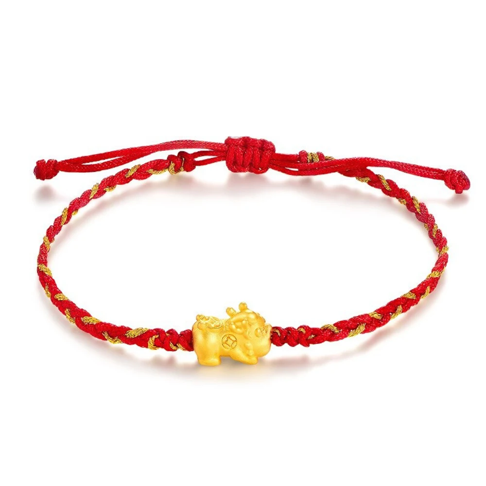 

Pure 24K Yellow Gold 3D Cute Pixiu Baby Bead With Cord Knitted Bracelet Best Gift