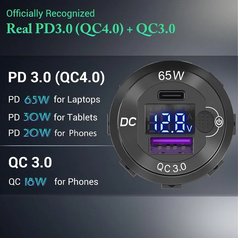 업그레이드 된 12-24V USB 콘센트 83W 차량용 충전기 노트북 소켓 65W PD & QC3.0 오토바이 소켓 전원 콘센트 방수 충전 어댑터