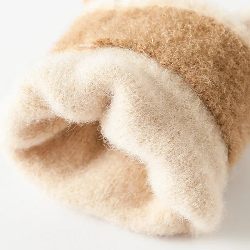 Cute Cartoon Kids Five-finger Flip Knit Mittens Plush Baby Gloves Children Boy Girls Winter Soft Warm Thick Half Finger Glove