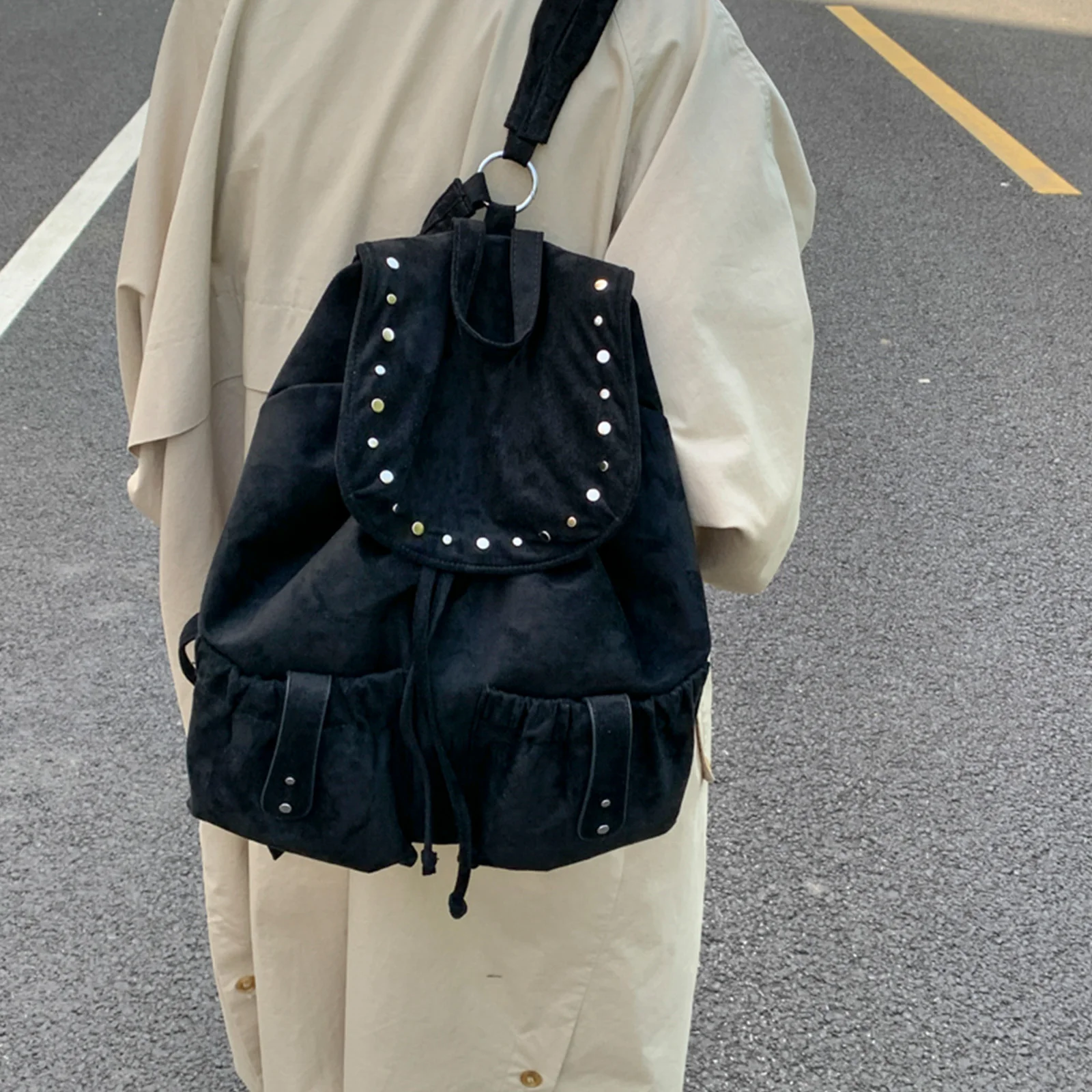 Faux Suede Shoulder Bag Solid Color Shoulder Bag Large Capacity Backpack for School Work Shopping Travel Daily Use