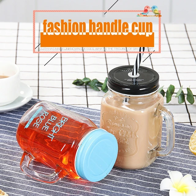 450ml Mason Jar Mugs with Handles Old Fashioned Drinking Glass Clear Mason  Glass Mug With Cover and Straw Drinkware Cup - AliExpress