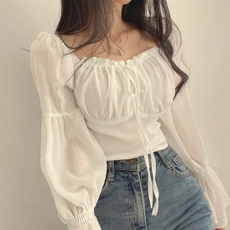 Blusas Y2K para mujer, de color liso, con cordón, lazo y volantes, de manga larga, fruncidas, tops cortos, ropa elegante de calle