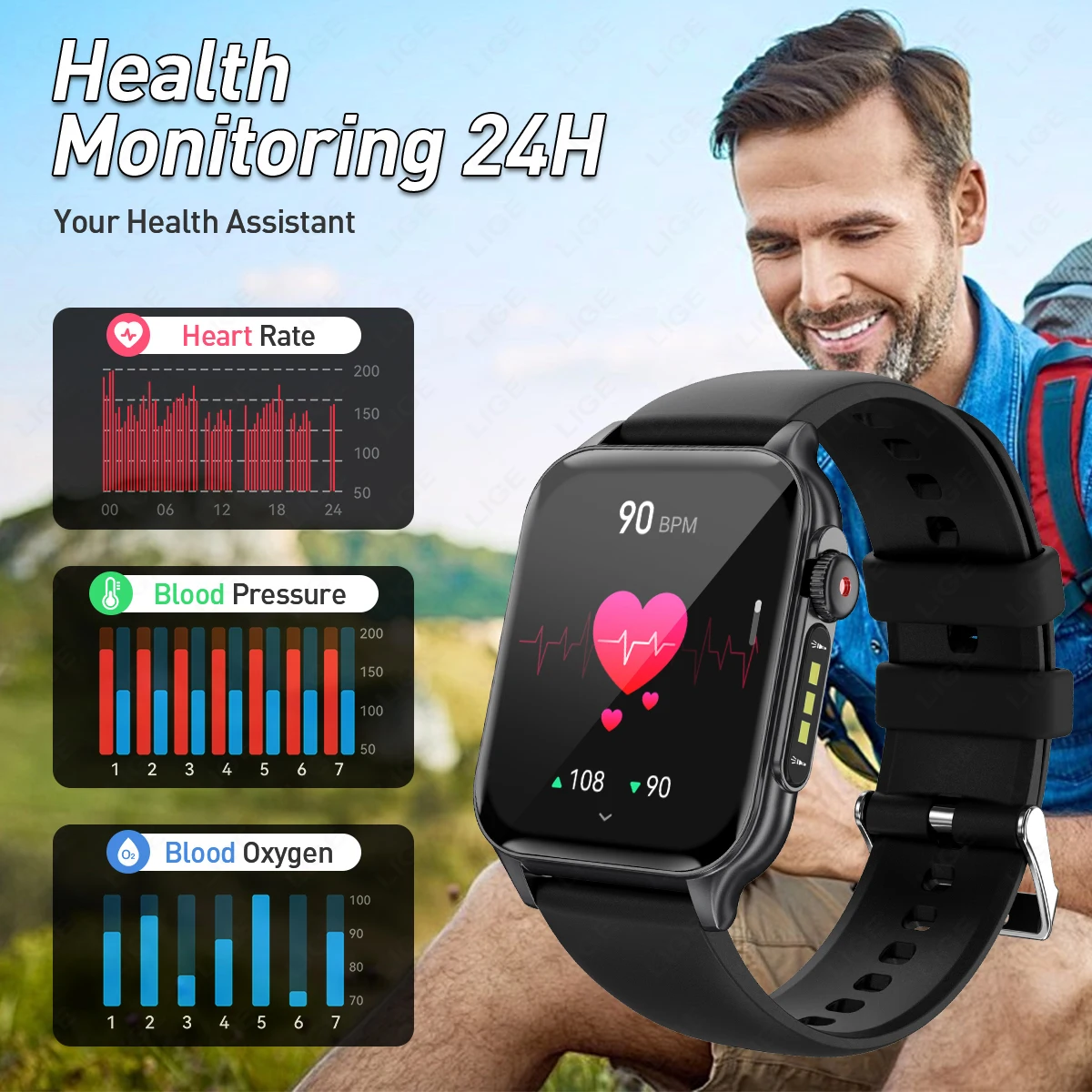 LIGE 2024 Bluetooth Call Smart Watch Men Women Full Touch Screen Sports Fitness Watch Three Lights Flashlight Ladies Smartwatch 5