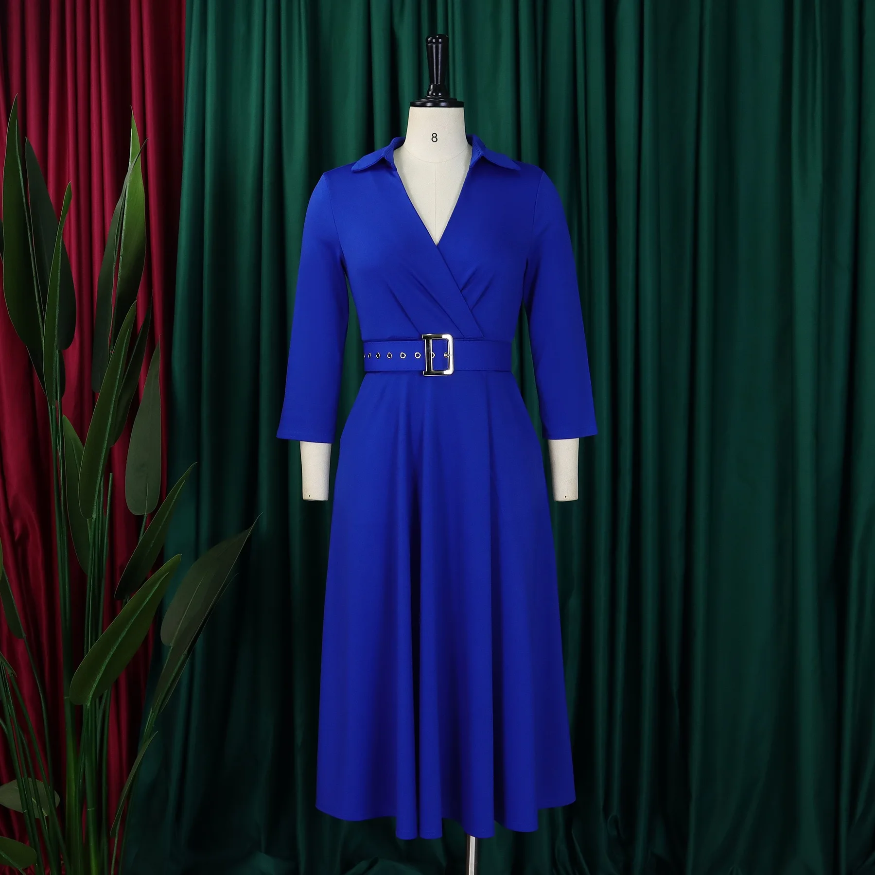 Elegant Office Dress for Women Professional Turn Down Collar V Neck Belt  Waisted Pleated Mid Calf African Business Work Dress - AliExpress 200000345
