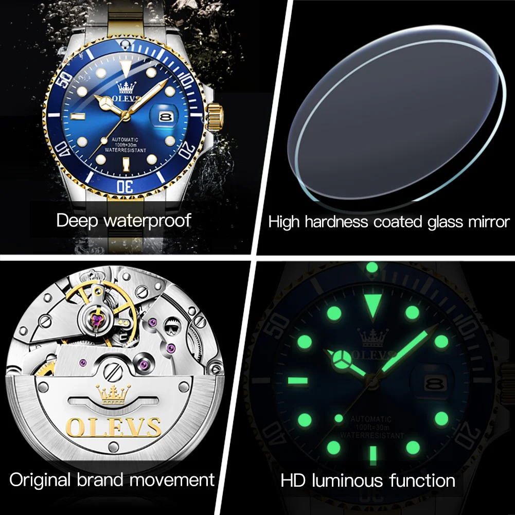Mechanical Watch Diver Watch Business Watch Link OLEVS Men's Automatic Mechanical Watch Rotatable Bezel Analog Wristwatch Diving Green Waterproof Business Man Watch