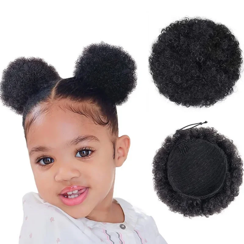 Kids Human hair 4Inch Afro Puff Drawstring Ponytail for Girls Black Women Small Size Hair Bun Kinky Curly Hair bun