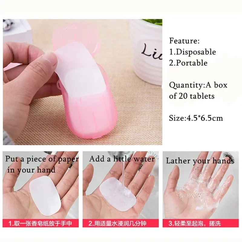 1 Box/20pcs Health Mini Soap Tablets Boxed Travel Bathroom Accessories Disposable Camping Washing Scented Foaming Paper Soap