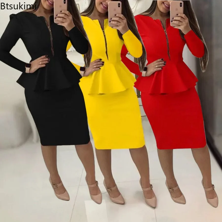 2024 Women's Formal Office Skirt Sets Solid Zipper V-neck Pencil Knee-Length Business OL Skrit Sets Female Two Pieces Dress Sets summer men s sets fashion 2 piece polos and shorts tracksuits short sleeve top tees knee length pants suit casual sport clothing