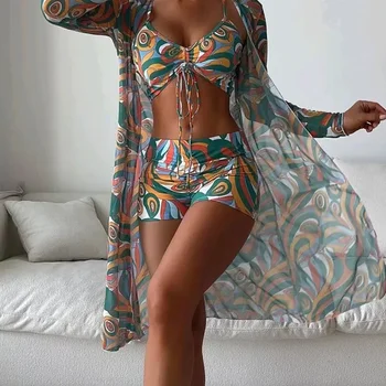 트로피컬 올오버 프린트 비키니 3 팩 드로스트링 주름 커버 업 여성 수영복, 2023 긴 소매 수영복 비치웨어 수영복