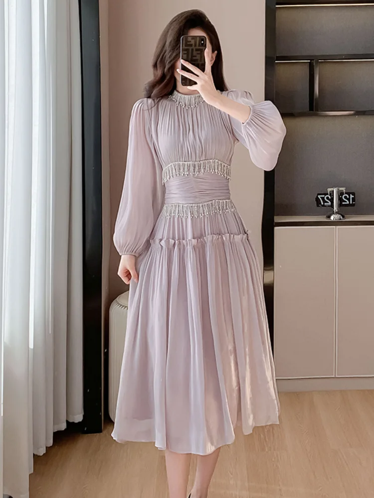 2021 strawberry dress women fashion deep v puff sleeve sweet voile mesh sequins embroidery french party dresses 4xl 5xl French Women Designer Fashion Organza Stand Collar Party Dress Luxury Spring Diamonds Tassel Ruffles Puff Sleeve Slim Midi Dress