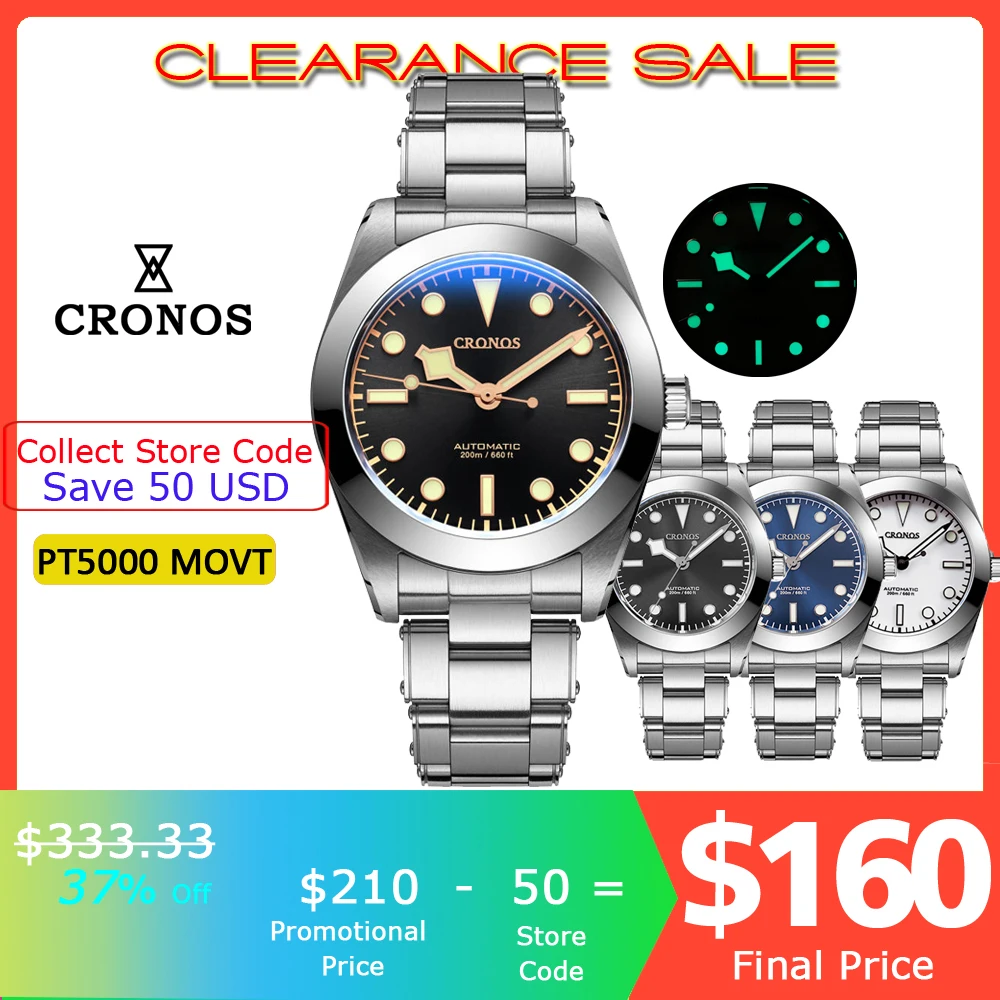 Cronos relógio mecânico masculino, vidro de safira automático, pulseira buchas, mãos para neve, PT5000 SW200, BB39, 39mm, 20ATM, L6026M