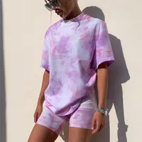 Ensemble deux pièces imprimé Tie Dye pour femmes, t-shirt basique, short, tenues décontractées, vêtements de salon, mode contraste, Jogging, tenue de motard 2