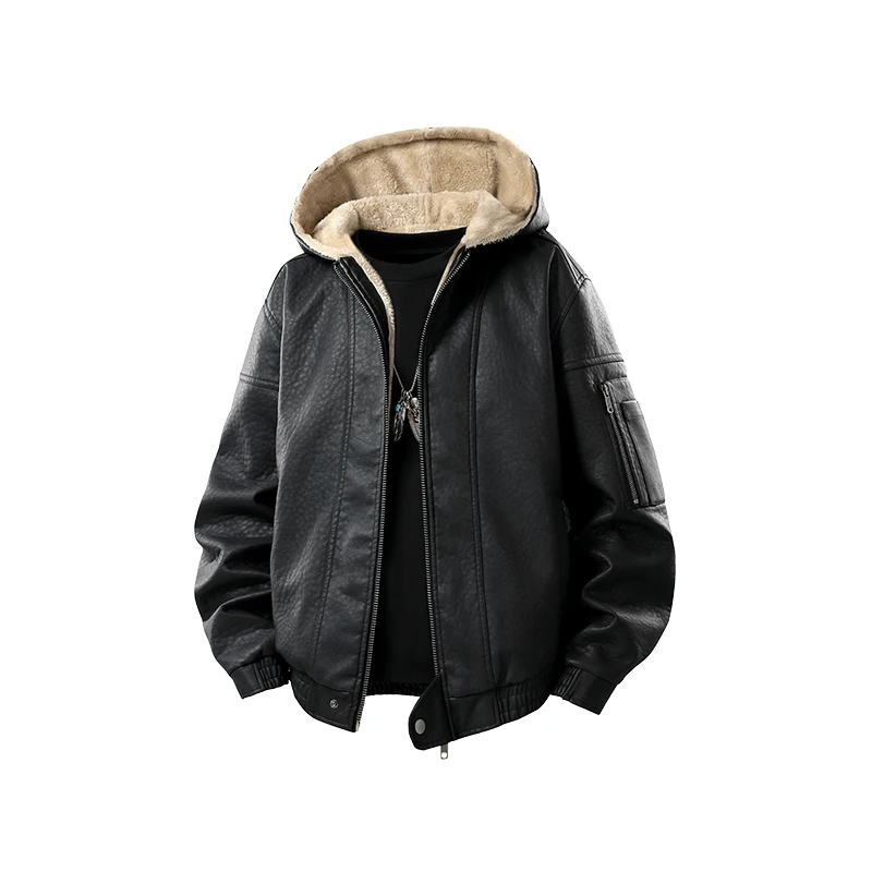 Casual Hooded Leather Jacket Warm Winter Mens Brand Quality PU Faux Leather Locomotive Jacket Thicken Fleece Motorcycle Coat