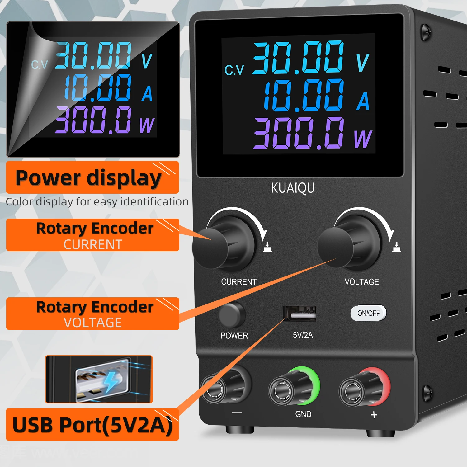 KUAIQU DC 랩 전원 공급 장치, 조정 가능한 미니 전원 공급 장치, LCD 컬러 디지털 스위칭 소스, 양극 산화 도금, 30V10A
