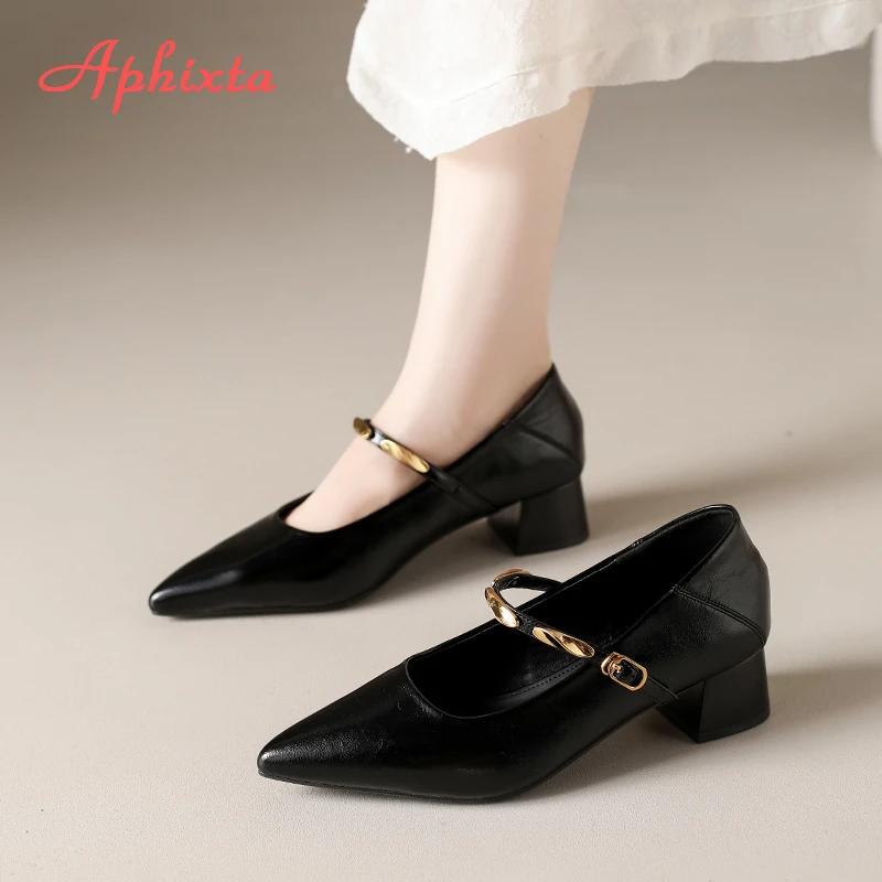 Aphixta High Quality 4cm Mid- Heel Pumps Pointed Toe Metal Buckle Women's Mary Janes High Heels Elegant Office Ladies Shoes