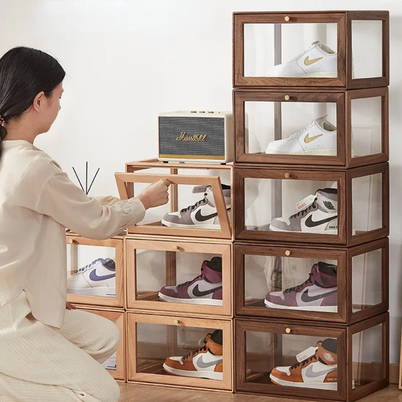 Solid Wood Shoe Box Shoes Transparent Storage No-install Cabinet Acrylic Shoe Wall Display Case Organizer and Storage