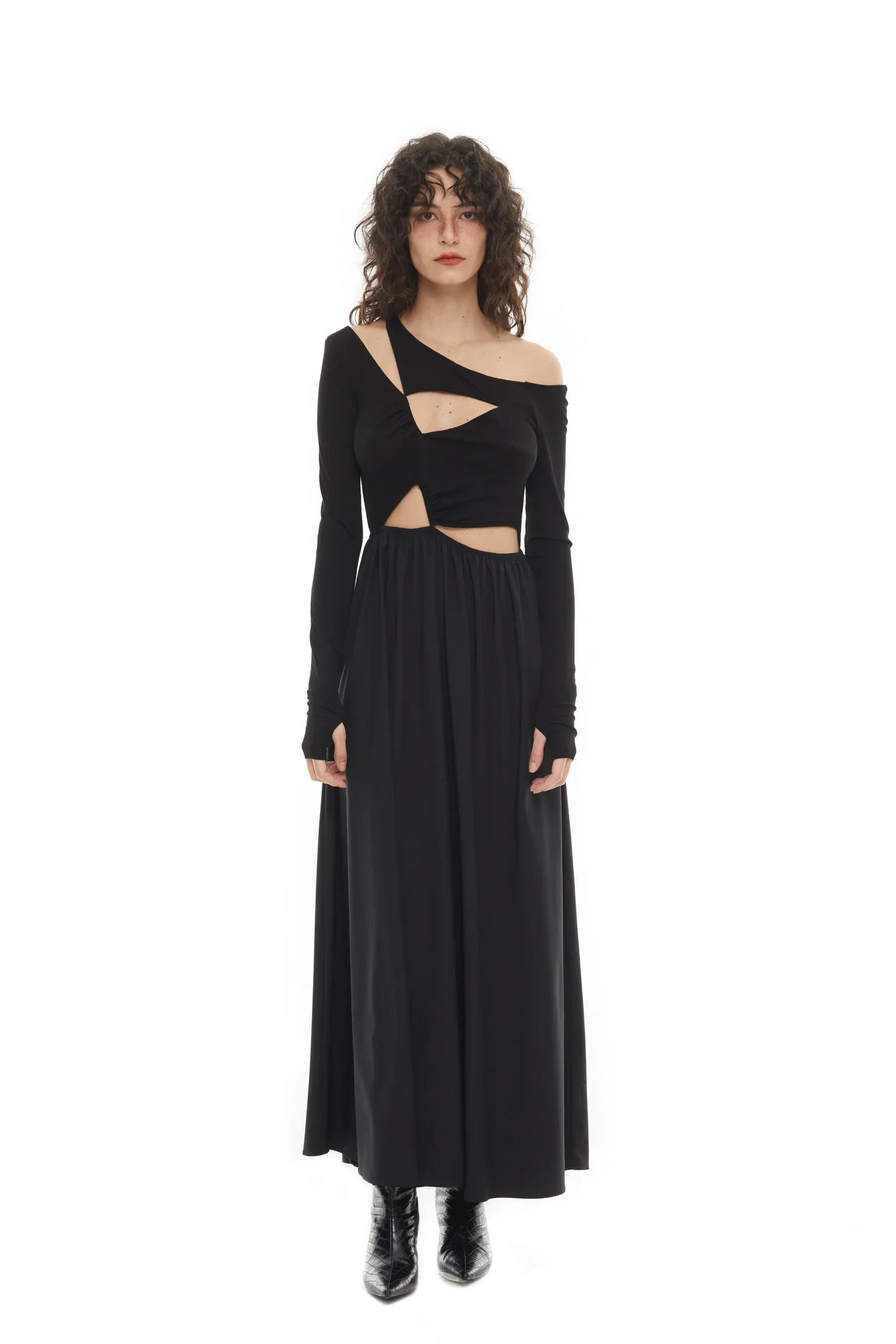 

Women Hit the Color Patchwork Hollow Out Design Long Sleeve Slim Long Dress
