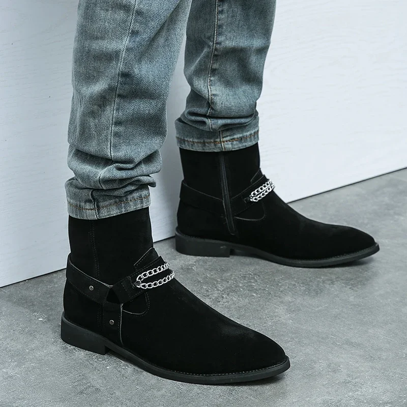 

Luxury Brand Chelsea Men's Leather Boots Thick Sole Pointed Toe Casual Shoes High Top Shoes Fashion Trends Suede Leather Boots