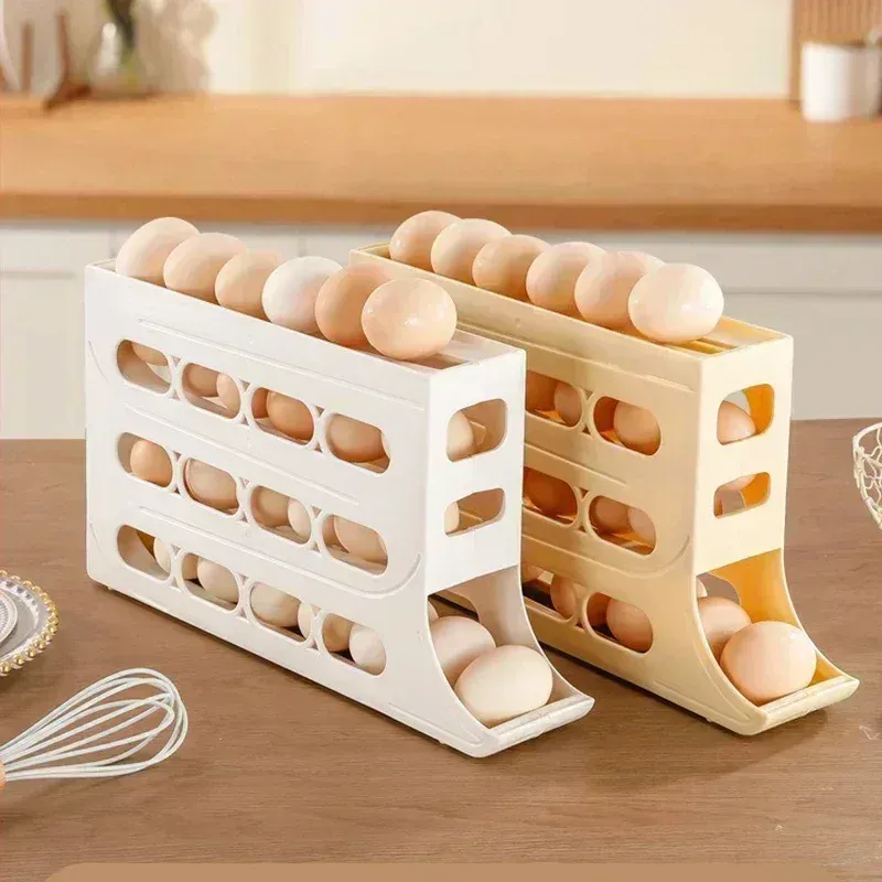 1/2pcs  4-laags versie Slide Egg Opbergdoos Koelkast Zijdeur Opbergdoos Eierrollen Food Grade Eierhouder Lade Automatisch