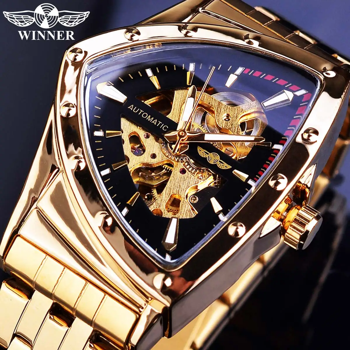 Mechanical Watch Winner Steampunk Swiss Design Mens Double Side Skeleton Transparent Golden Stainless Steel Automatic Mechanical Watch