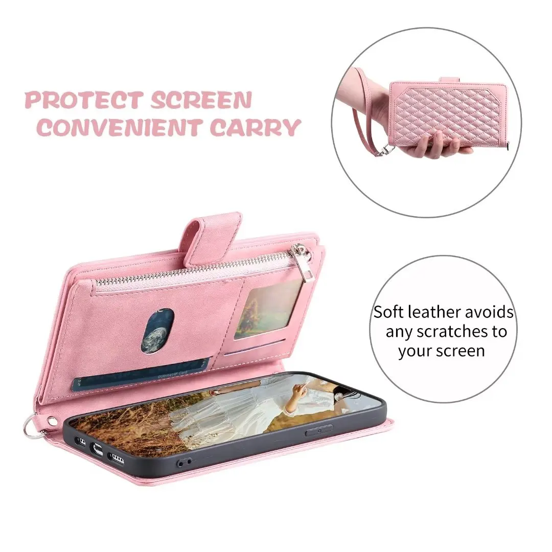 Elegant Leather Flip Wallet Case with Multi Card Slots and Wrist Strap