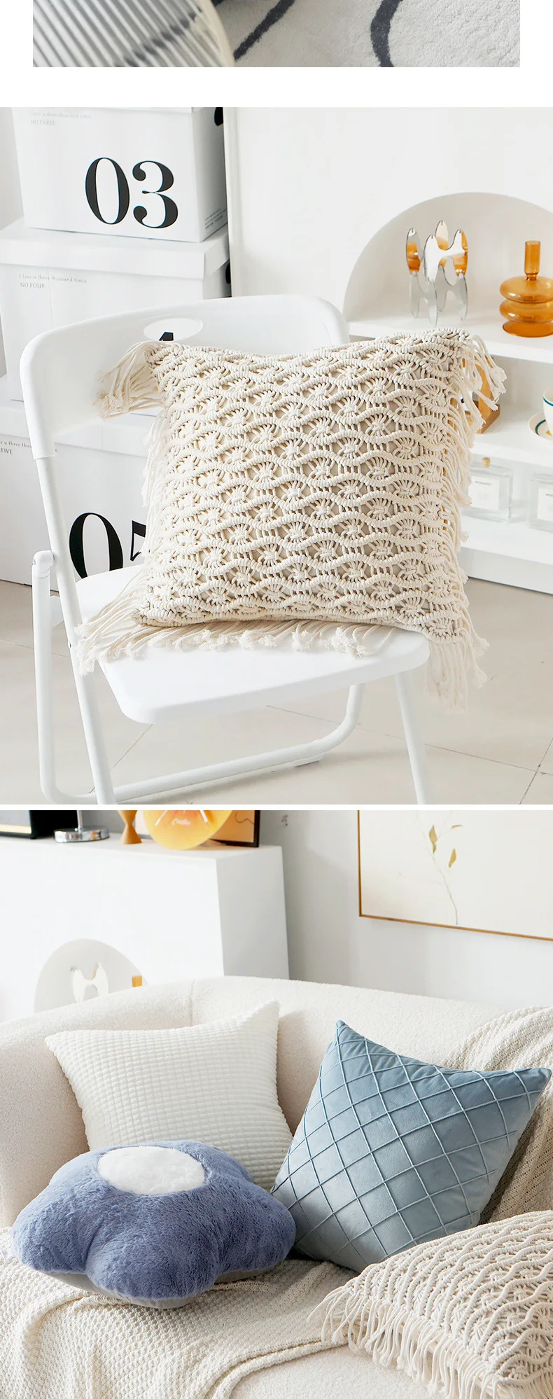 Plüschige Blumen-Karo-Kissenbezüge in Blau, nordischer Fell-Samt, weiche, dekorative Kissenhülle für Sofa, Bett, Wohnzimmer, Heimdekoration – Detail 6