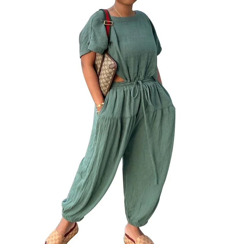 2022 Women Solid Short Sleeve O Neck Jumpsuits Chic Summer Drawstring Loose Overalls Elegant Office Ladies Workwear Jumpsuit